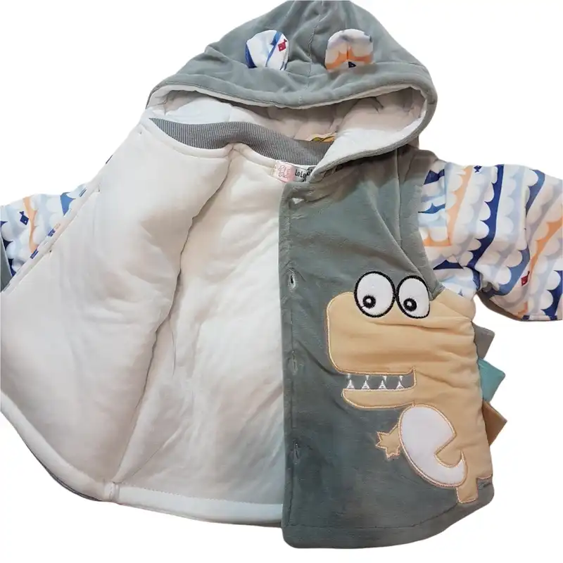 ست کاپشن و شلوار نوزادی طرح دایناسور مدل ASH412 رنگ طوسی