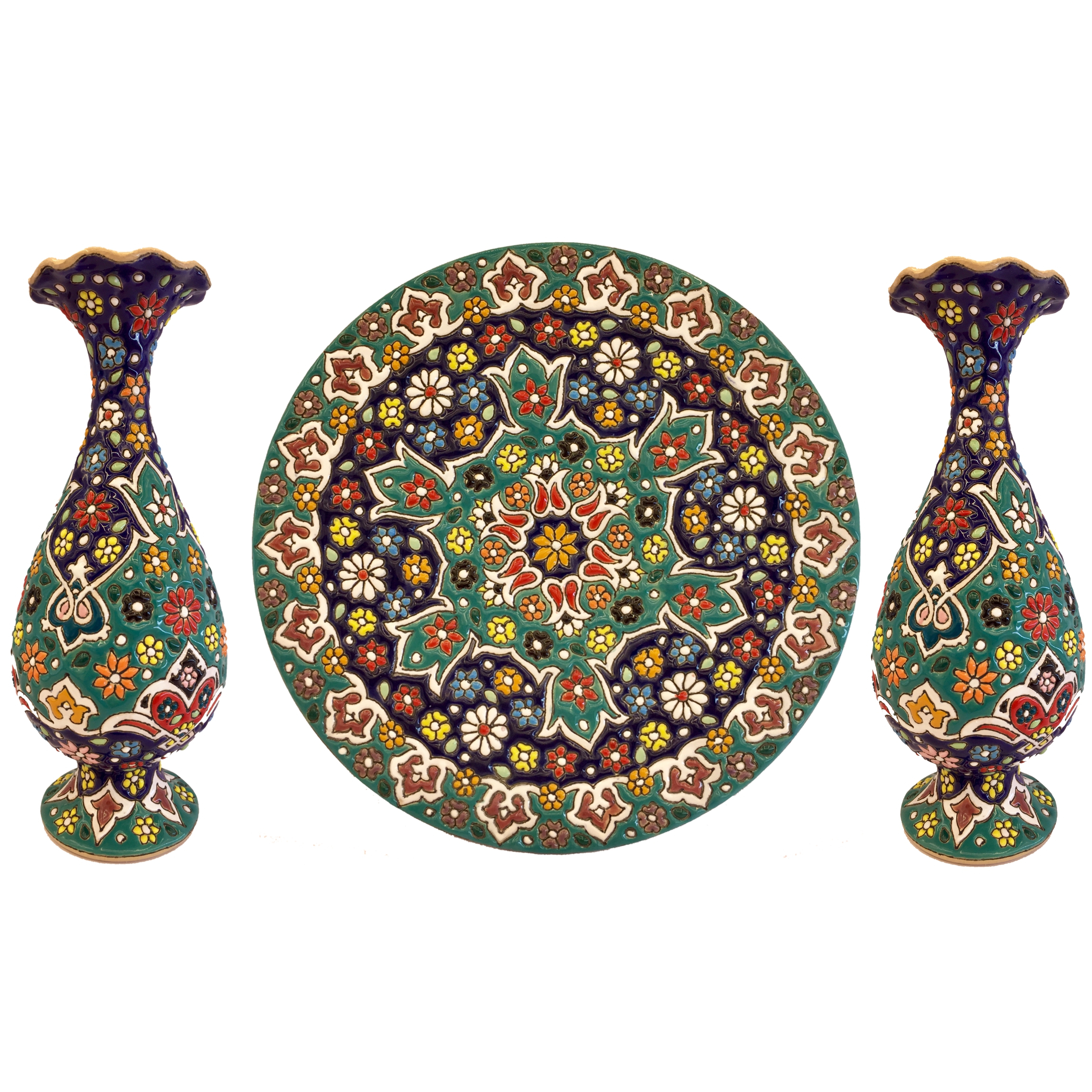 ست سه تکه گلدان و بشقاب میناکاری کد zmn21036