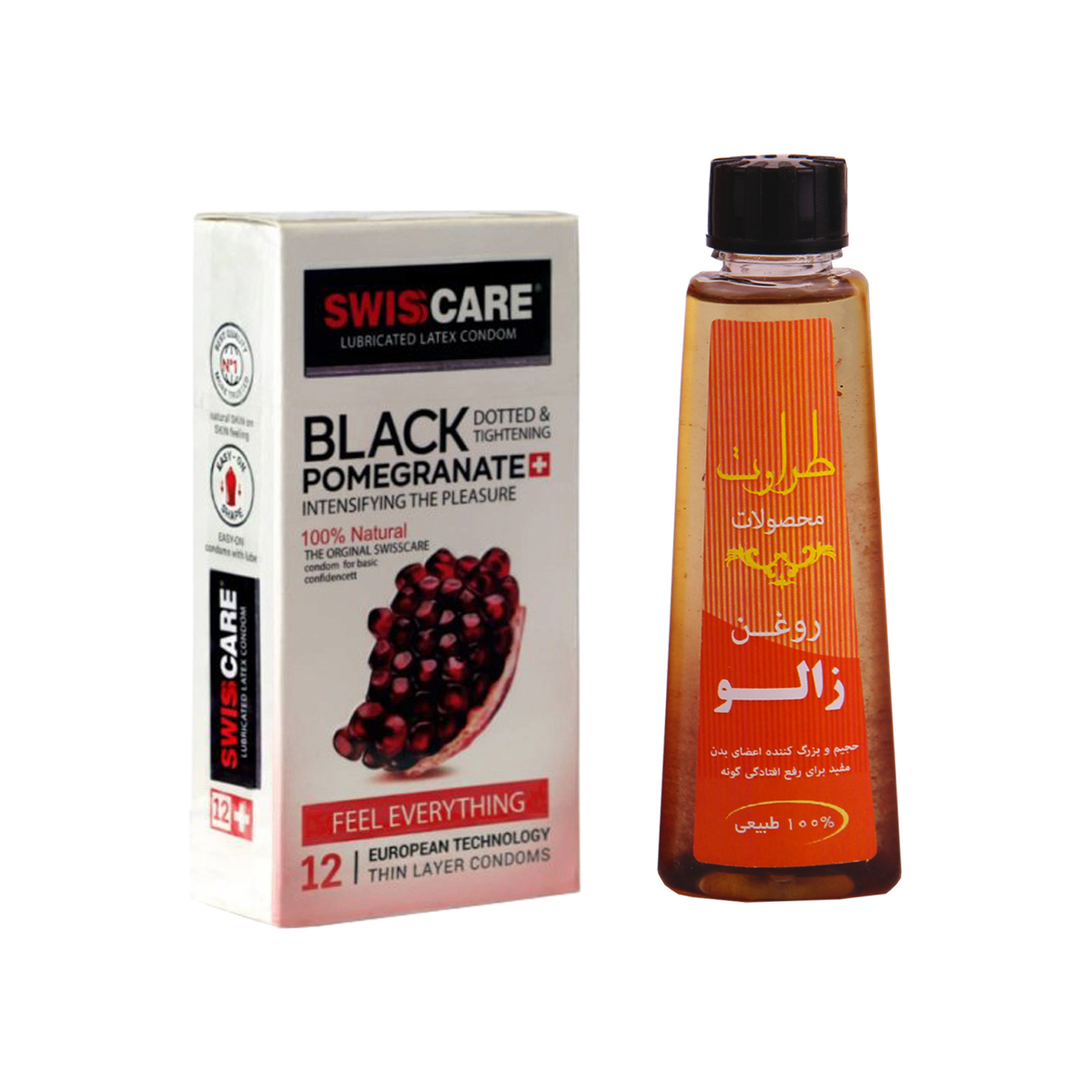 کاندوم سوئیس کر مدل BLACKPOMEGRANTE بسته 12 عددی به همراه روغن زالو طراوت مدل 09 حجم 50 میلی لیتر