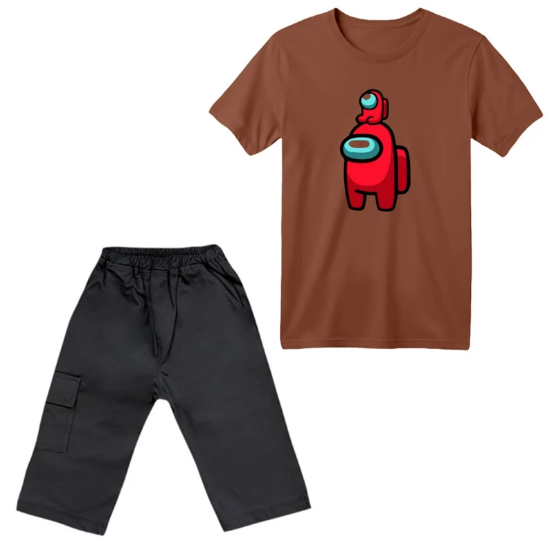 ست تی‌شرت آستین کوتاه و شلوارک پسرانه مدل امانگ آس رنگ دارچینی