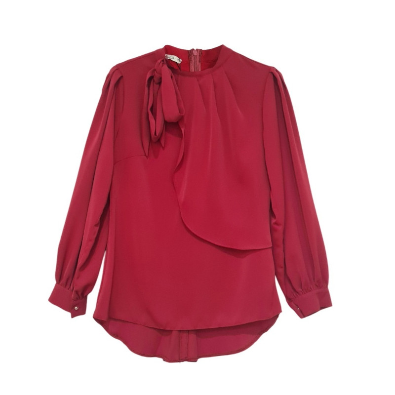 بلوز آستین بلند زنانه مدل کرپ حریر یقه گره ای کد ۲