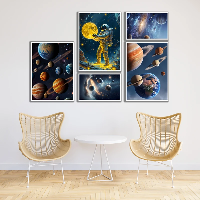 تابلو بکلیت طرح دکوراتیو کهکشان و منظومه شمسی کد W-MR-1070 فریم سفید مجموعه 5 عددی