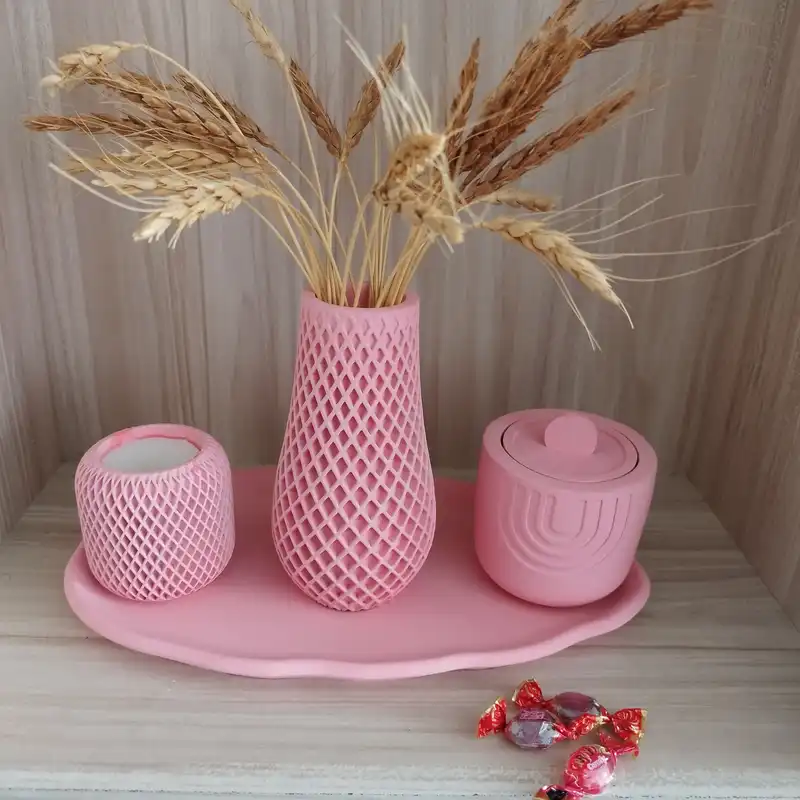 ست 4 تکه گلدان جاشمعی بتنی مدل دکوری به همراه سینی