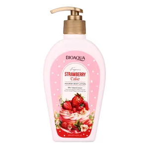 لوسیون بدن بی آکوا مدل Strawberry Cake مناسب برای انواع پوست حجم 400 میلی لیتر