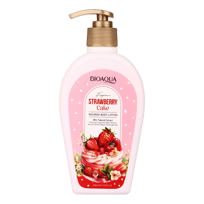 لوسیون بدن بی آکوا مدل Strawberry Cake مناسب برای انواع پوست حجم 400 میلی لیتر