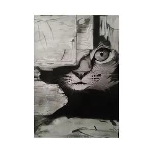نقاشی سیاه قلم و آبرنگ طرح گربه در کمین کد SA103