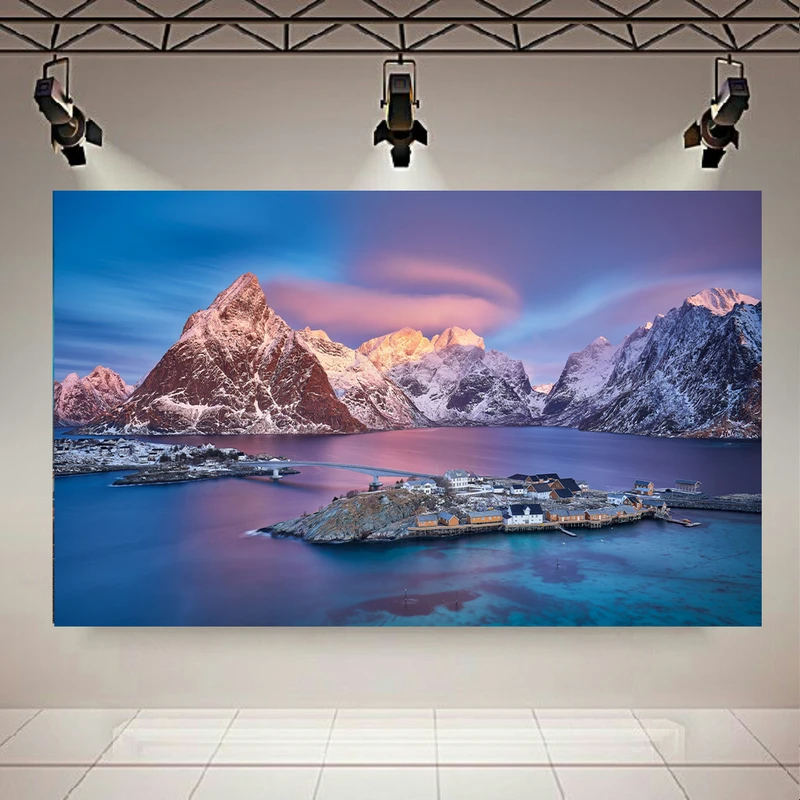 تابلو طرح جزیره و کوهستان برفی مدل Norway Mountains Island Bridges Sunrises کد AR2829