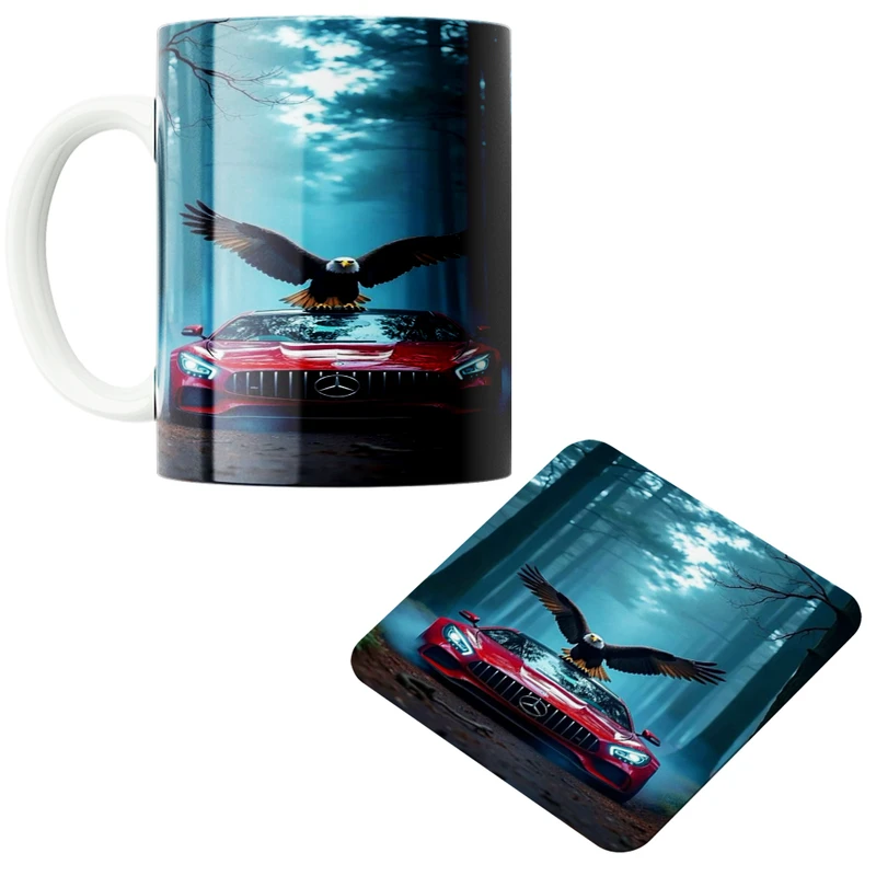 ماگ پاد آفرین مدل عقاب و مرسدس بنز کد 01 به همراه زیر لیوانی