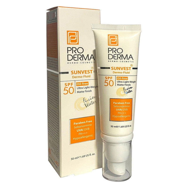کرم ضد آفتاب بدون رنگ پرودرما SPF50 مدل فلوئید محافظ PA+++ ،UVA ،UVB، تنظیم ترشح چربی پوست، ضد جوش و آکنه، مناسب پوست های معمولی حجم 50 میلی‌لیتر