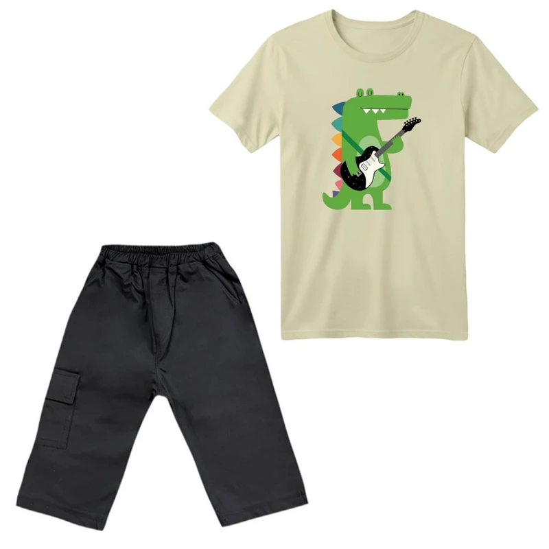 ست تی‌شرت آستین کوتاه و شلوارک پسرانه مدل دایناسور