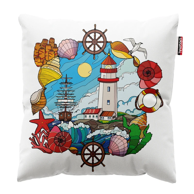 کوسن پاد آفرین مدل دریا طرح ساحل کشتی صدف کد PK402403 سایز 40*40 سانتی متر