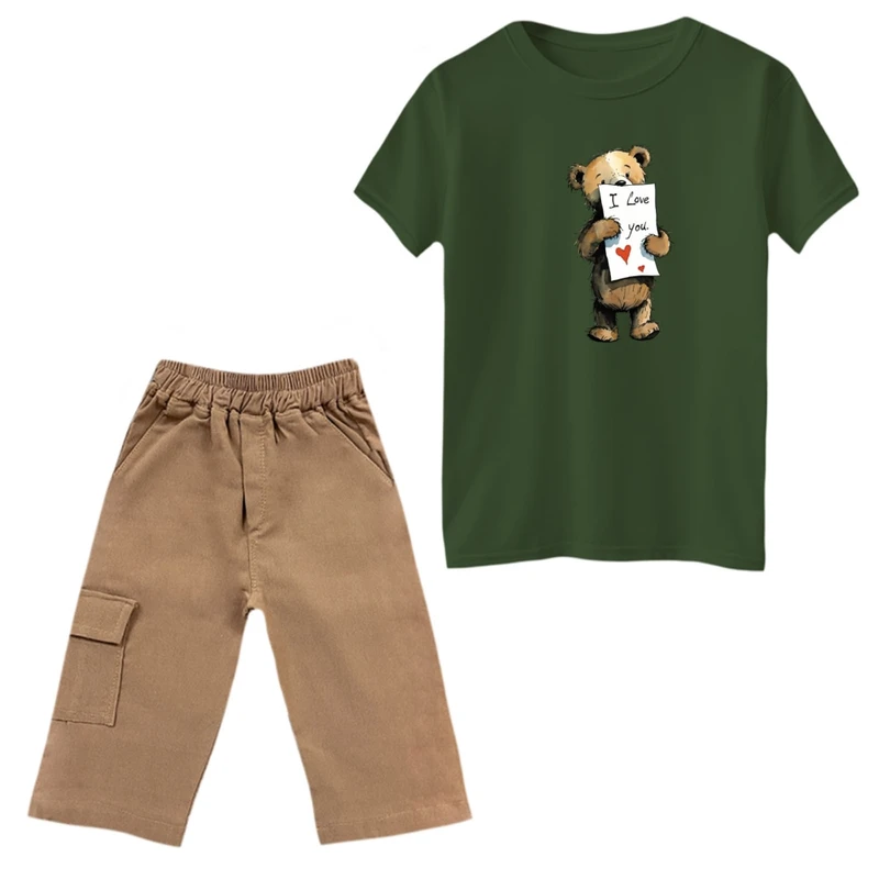 ست تی‌شرت و شلوارک دخترانه مدل تدی عاشق رنگ یشمی