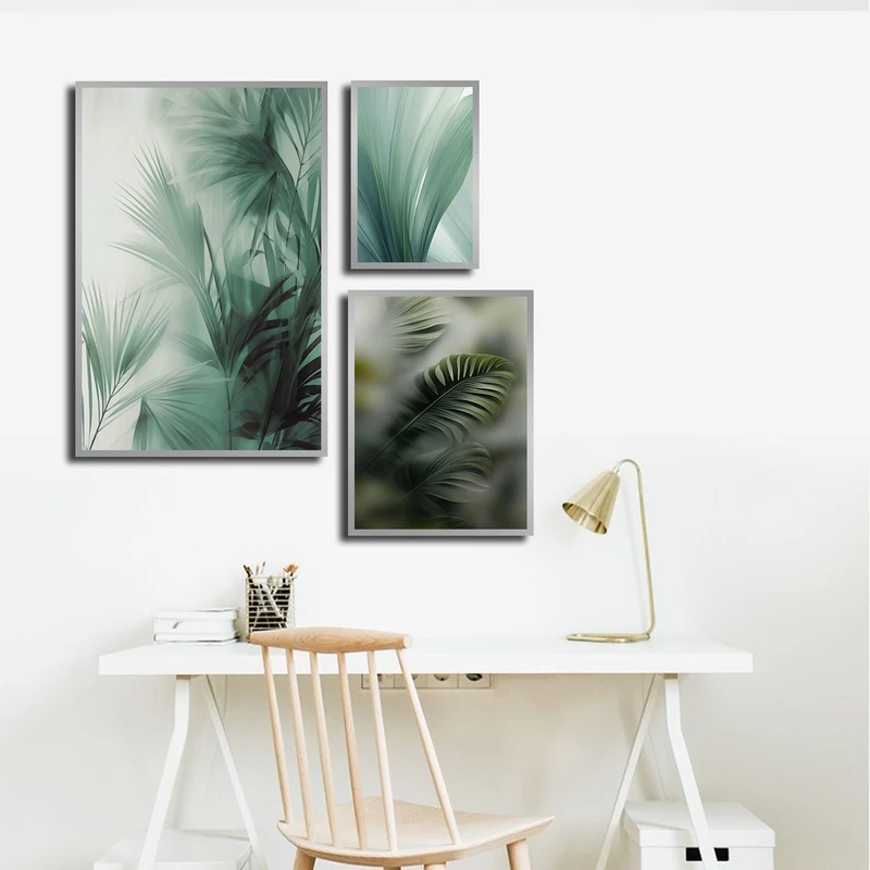 تابلو بکلیت طرح طبیعت و برگ سبز مدل SI-3351 فریم نقره ای مجموعه 3 عددی