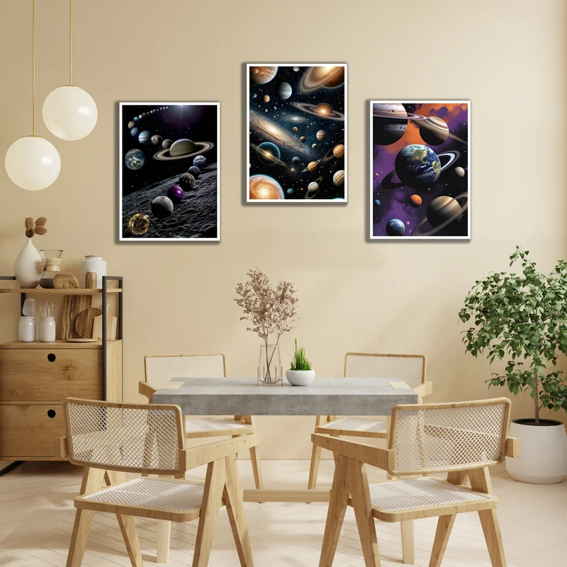 تابلو بکلیت مدل قاب شاسی طرح دکوراتیو کهکشان و منظومه شمسی کد W-MR-1084 مجموعه 3 عددی فریم  سفید