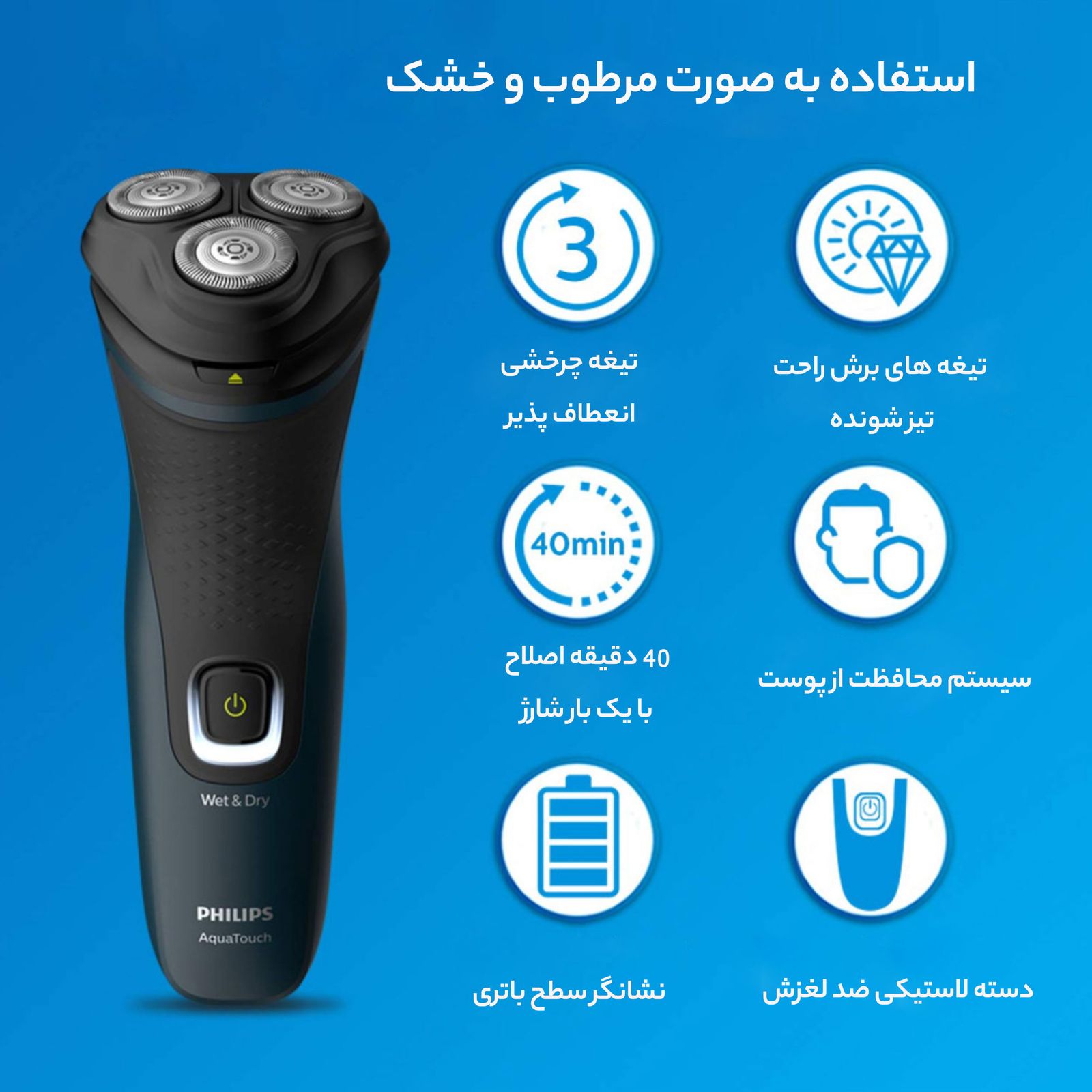 ماشین اصلاح موی صورت فیلیپس مدل S1223/41، اصلاح به صورت صفر زن، چراغ نشانگر شارژ، استفاده به صورت خشک و مرطوب، ضدآب، منبع انرژی باتری، تکنولوژی اصلاح به صورت برش چرخشی، مدت زمان شارژ 480 دقیقه و مدت زمان استفاده پس از شارژ 40 دقیقه، به‌همراه برس -  - 5