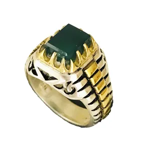 انگشتر نقره مردانه مدل رولکس چنگ طلایی مزین به عقیق 320-0