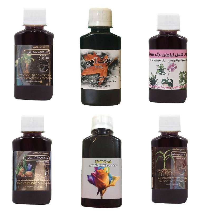کود مایع فسفر ریشه زایی 10-52-10 و کلات آهن و کود کامل گیاهان برگ سبز و کود جلبک دریایی و هیومیک اسید و کود گلدهی مدل life drop حجم 120 میلی لیتر