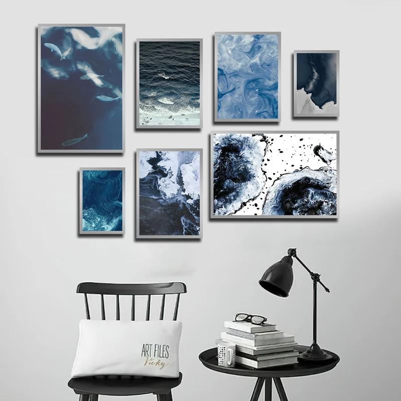 تابلو بکلیت طرح موج دریا و ماهی مدل SI-3431 فریم نقره ای مجموعه 7 عددی