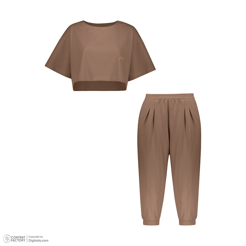 ست کراپ تی شرت آستین کوتاه و شلوارک زنانه ناربن مدل 15211066 رنگ قهوه ای