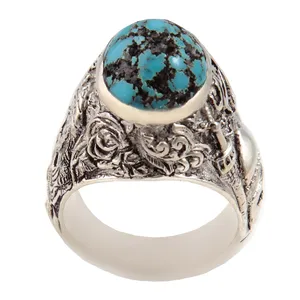 انگشتر نقره مردانه بازرگانی میلادی مدل سنگ فیروزه طبیعی نیشابور رکاب دست ساز سیاه قلم کد AM_1853