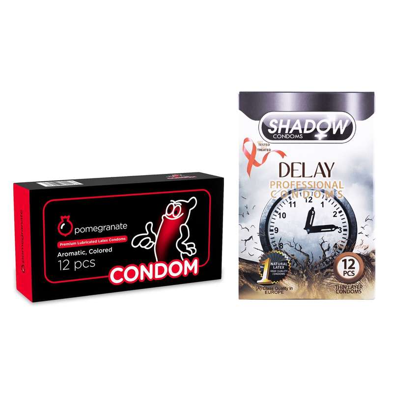 کاندوم شادو مدل Delay بسته 12 عددی به همراه کاندوم کاندوم مدل Pomegranate بسته 12 عددی