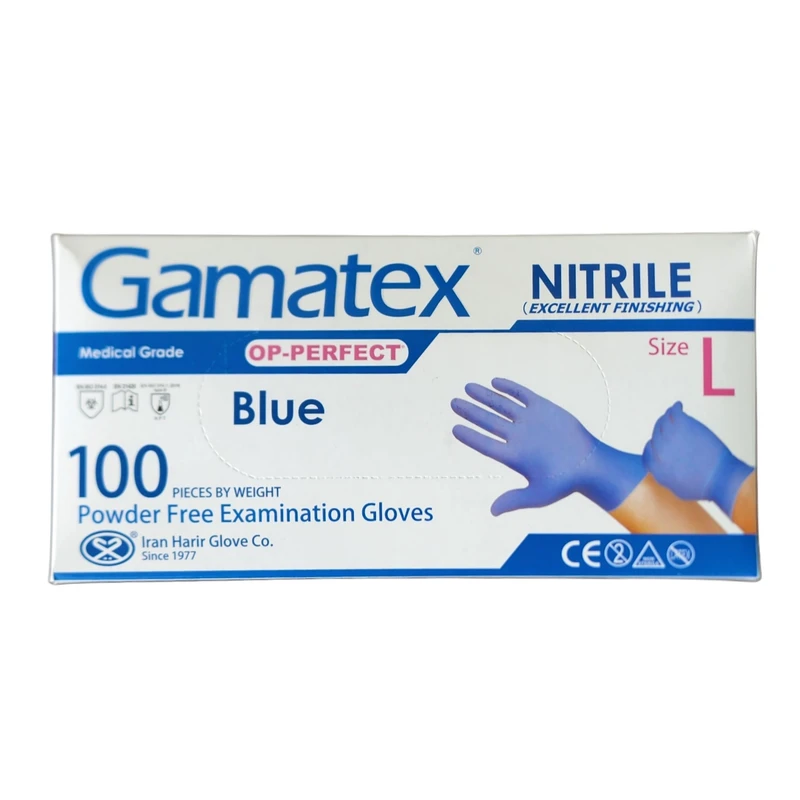 دستکش نیتریل غیر پودری حریر مدل آبی گاماتکس سایز بزرگ (l) بسته 100 عددی