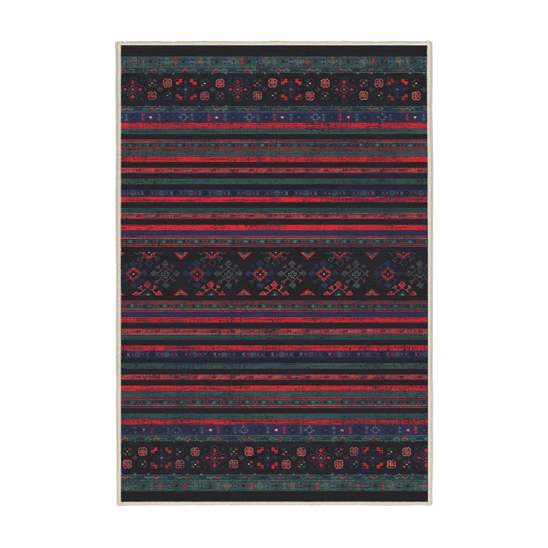 فرش ماشینی 1000 شانه اورکوم زمینه مشکی حاشیه قرمز طرح مینیمال تمنا کد OR.1123.01