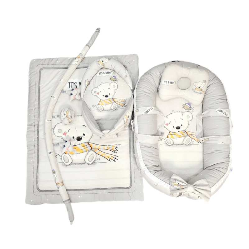 سرویس خواب 5 تکه نوزادی مدل تشک گارد دار طرح خرس و شالگردن
