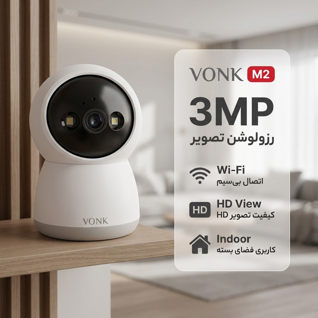 دوربین امنیتی تحت شبکه فضای داخلی وونک مدل M2 3mp با اتصال بی‌سیم، چرخش 360 درجه، تشخیص حرکت و مکالمه دوطرفه