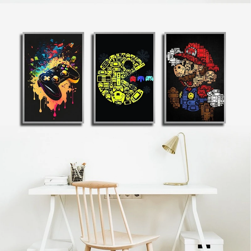 تابلو بکلیت طرح بازی و دسته پلی استیشن مدل SI-4189 رنگ فریم نقره ای مجموعه 3 عددی