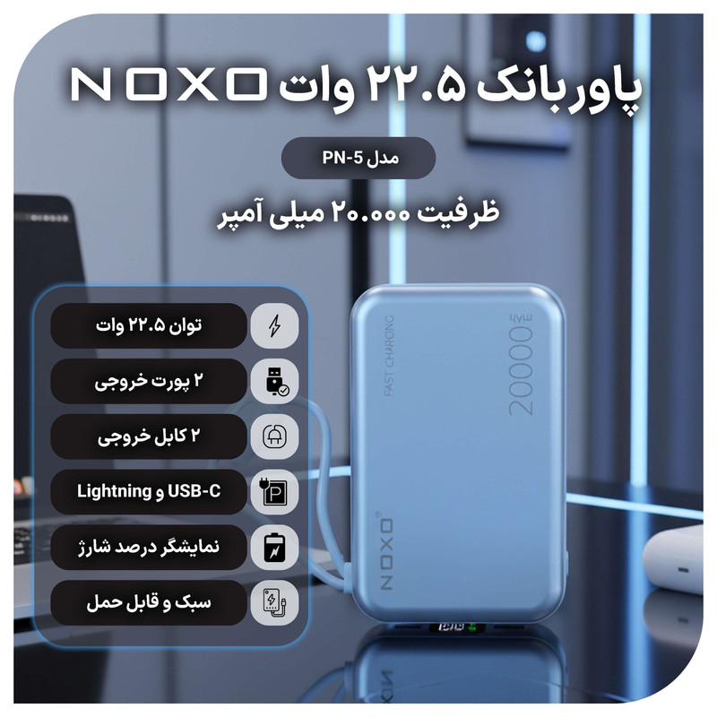 پاوربانک22.5 وات فست شارژ نوکسو مدل PN5 با ظرفیت 20000 میلی‌آمپر ساعت 