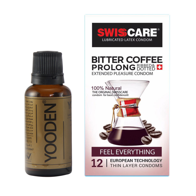 کاندوم سوئیسکر مدل Coffee Prolong بسته 12 عددی به همراه روغن یودن کد 01 حجم 30 میلی لیتر کاندوم سوئیسکر مدل Coffee Prolong بسته 12 عددی به همراه روغن یودن کد 01 حجم 30 میلی لیتر