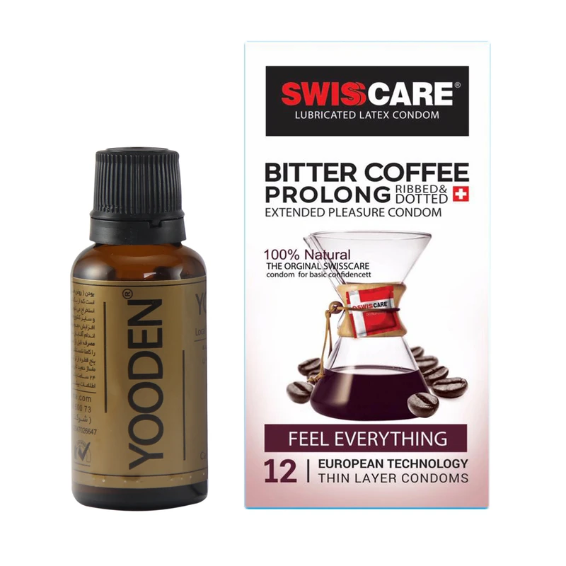 کاندوم سوئیس‌کر مدل Coffee Prolong بسته 12 عددی به همراه روغن یودن کد 01 حجم 30 میلی لیتر