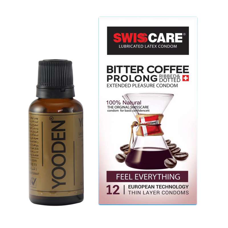 کاندوم سوئیس‌کر مدل Coffee Prolong بسته 12 عددی به همراه روغن یودن کد 01 حجم 30 میلی لیتر