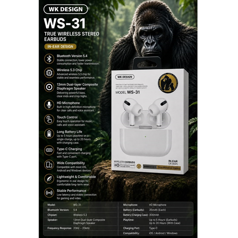 هدفون بلوتوثی دبلیو کی دیزاین مدل WS-31-V5.3 