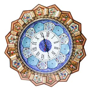 ساعت دیواری خاتم کاری مدل خورشیدی طرح گل و مرغ برجسته کد GrBr46d28-4f4