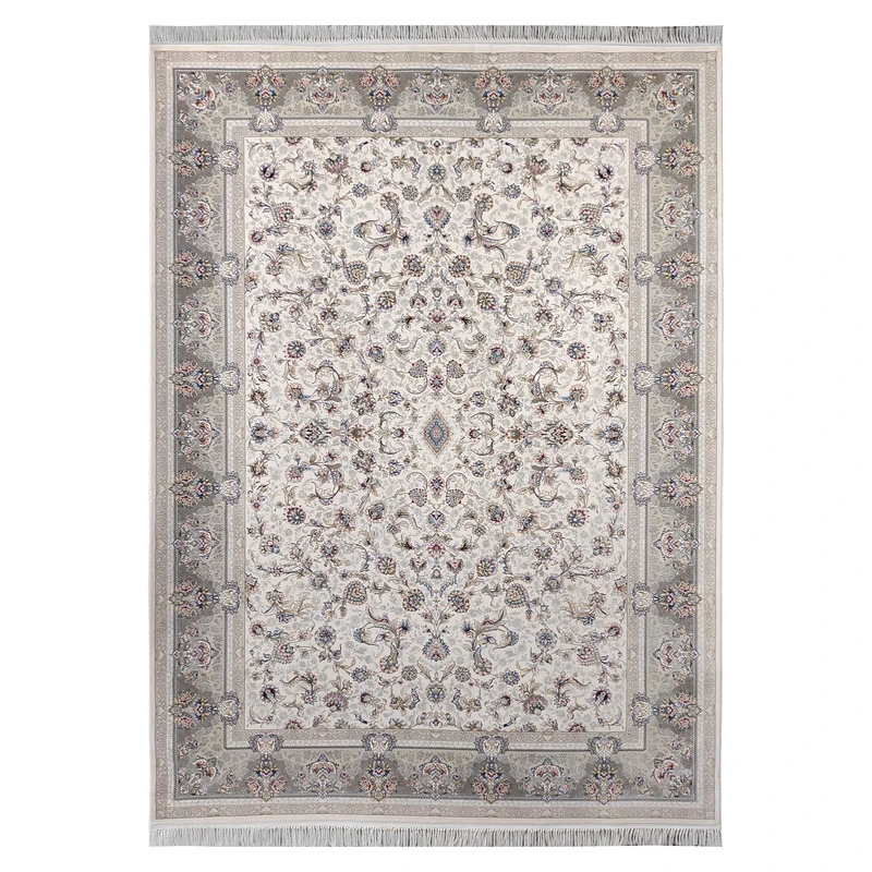 فرش ماشینی 700 شانه فرش توس مشهد زمینه کرم حاشیه طوسی مدل 7063