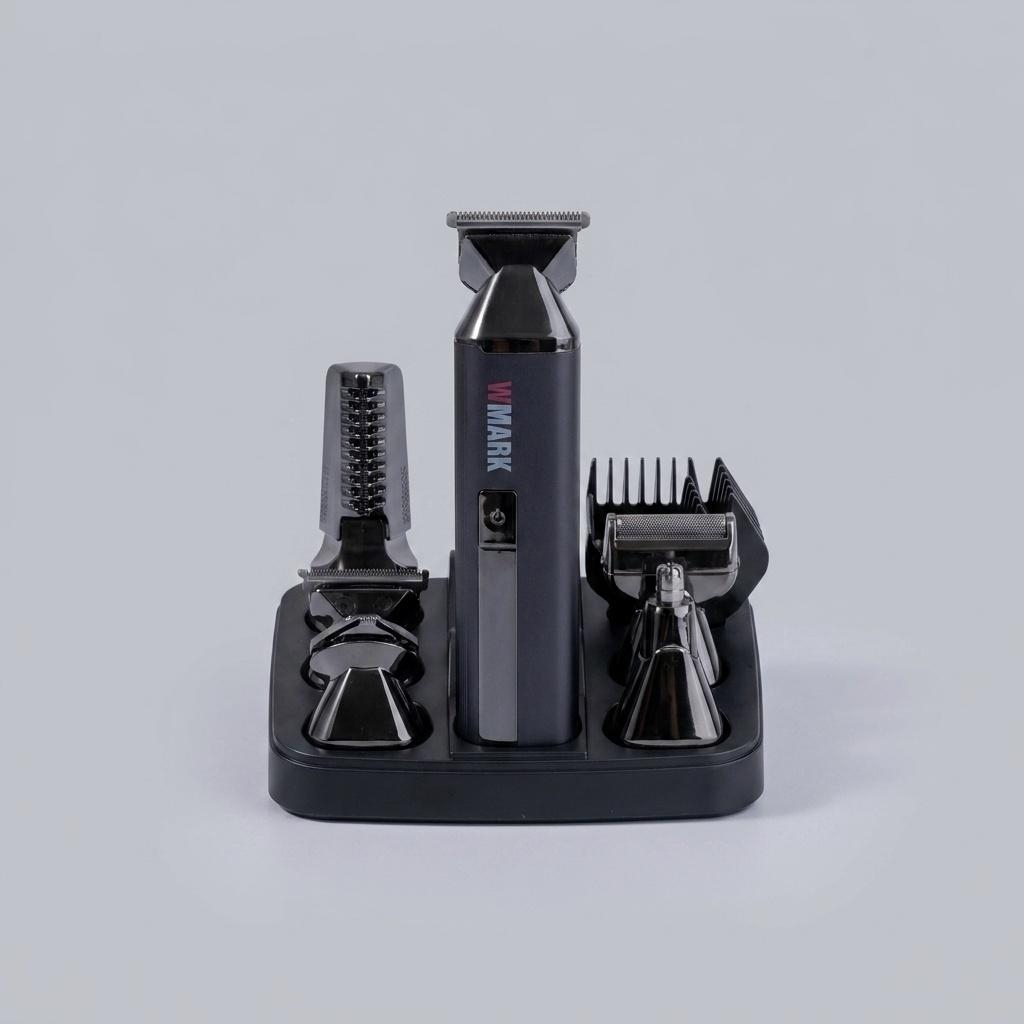 ست ماشین اصلاح موی سر، صورت و بدن دبلیو مارک مدل NG-HT001 با تیغه استیل ضد زنگ، موتور 7000 دور در دقیقه، باتری 1200 میلی‌آمپرساعتی، دارای سری تریمر، فویلی، موزن گوش و بینی، همراه با چهار شانه و برس تمیزکننده