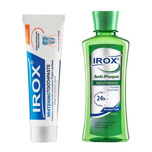 خمیر دندان ایروکس مدل 01 حجم 100 میلی لیتر به همراه دهان شویه مدل آنتی پلاک حجم 250 میلی لیتر