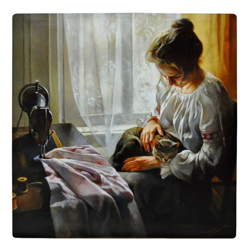  زیر لیوانی  طرح نقاشی بانوی خیاط و گربه کد    4983180_3866