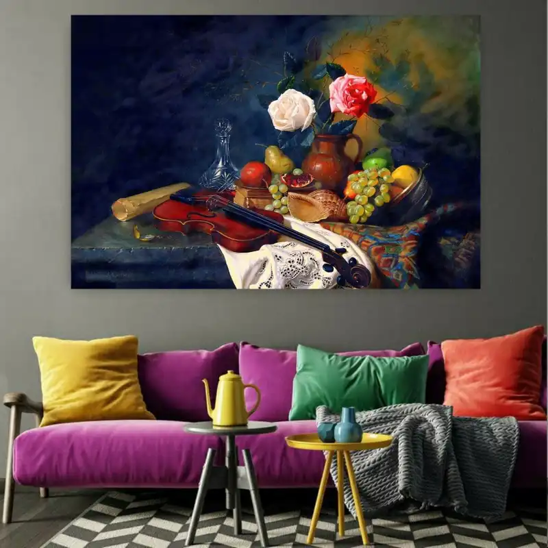 پوستر پارچه ای طرح چرم مخمل مدل ویولون و گل کد f32