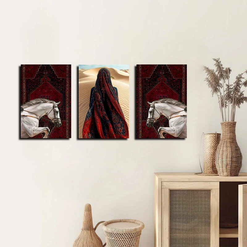 تابلو شاسی بکلیت طرح فرش و ترمه و اسب مدل SH-4347 مجموعه 3 عددی