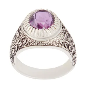 انگشتر نقره مردانه بازرگانی میلادی مدل آمیتیست جواهری رکاب قلمزنی دستساز کد AM_2449