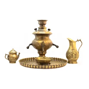 سرویس سماور ذغالی 5 پارچه برنجی مدل قلم کاری کد 3276