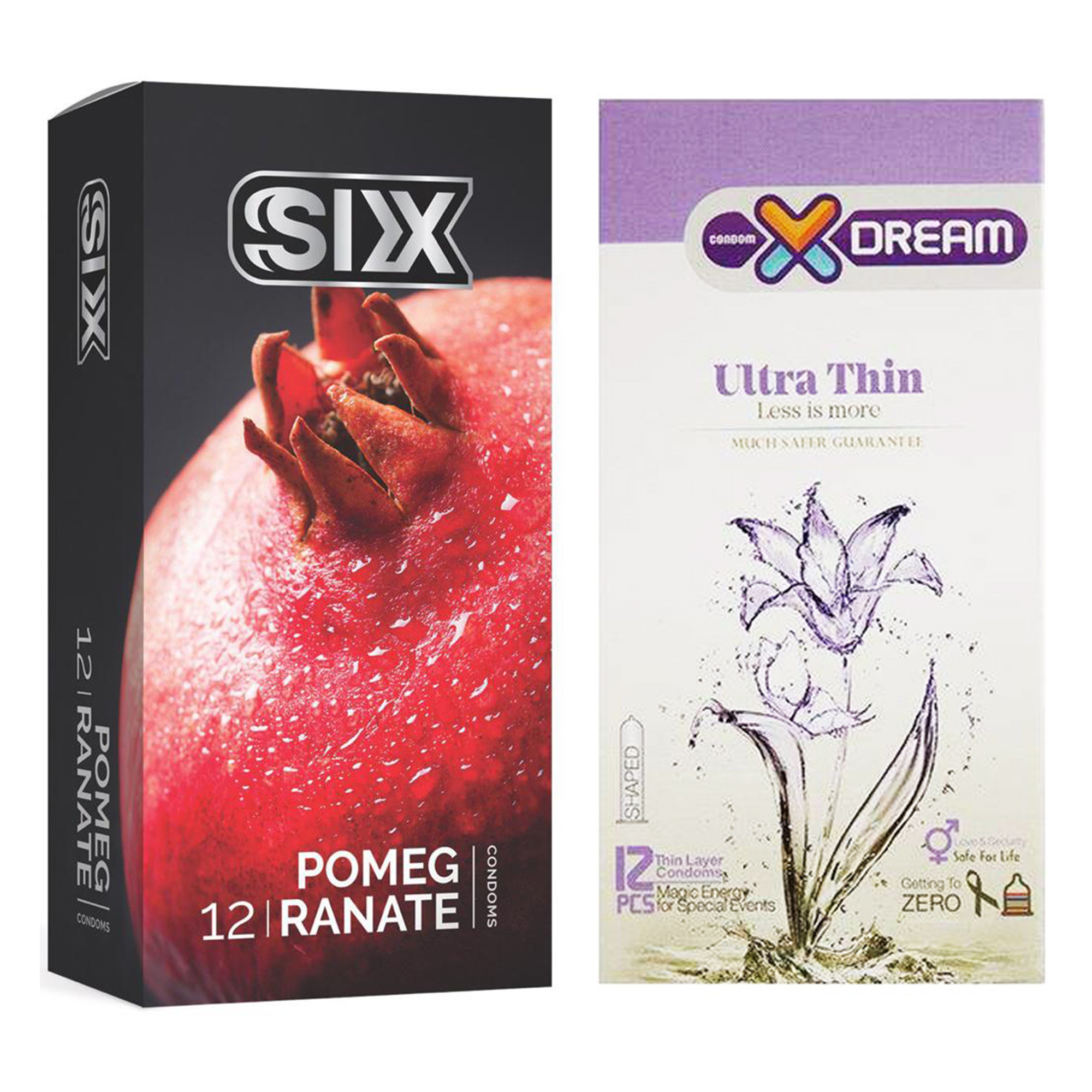  کاندوم سیکس مدل Pomegranate بسته 12 عددی به همراه کاندوم ایکس دریم مدل Ultra Thin بسته 12 عددی