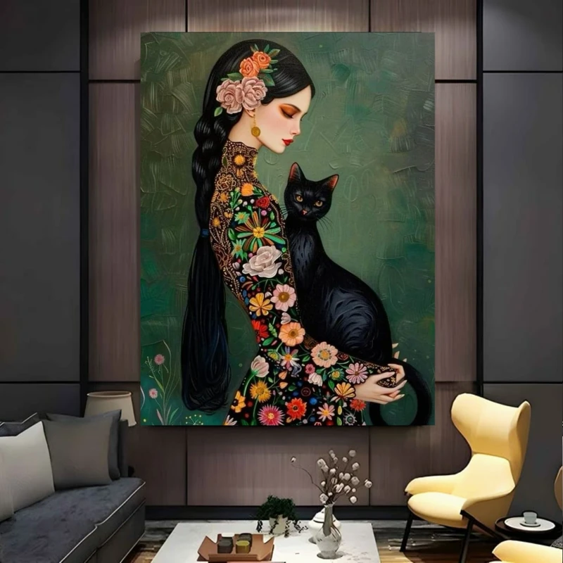 تابلو بوم طرح مخمل نقاشی بانوی ژاپنی مدل گربه سیاه کد BK24402