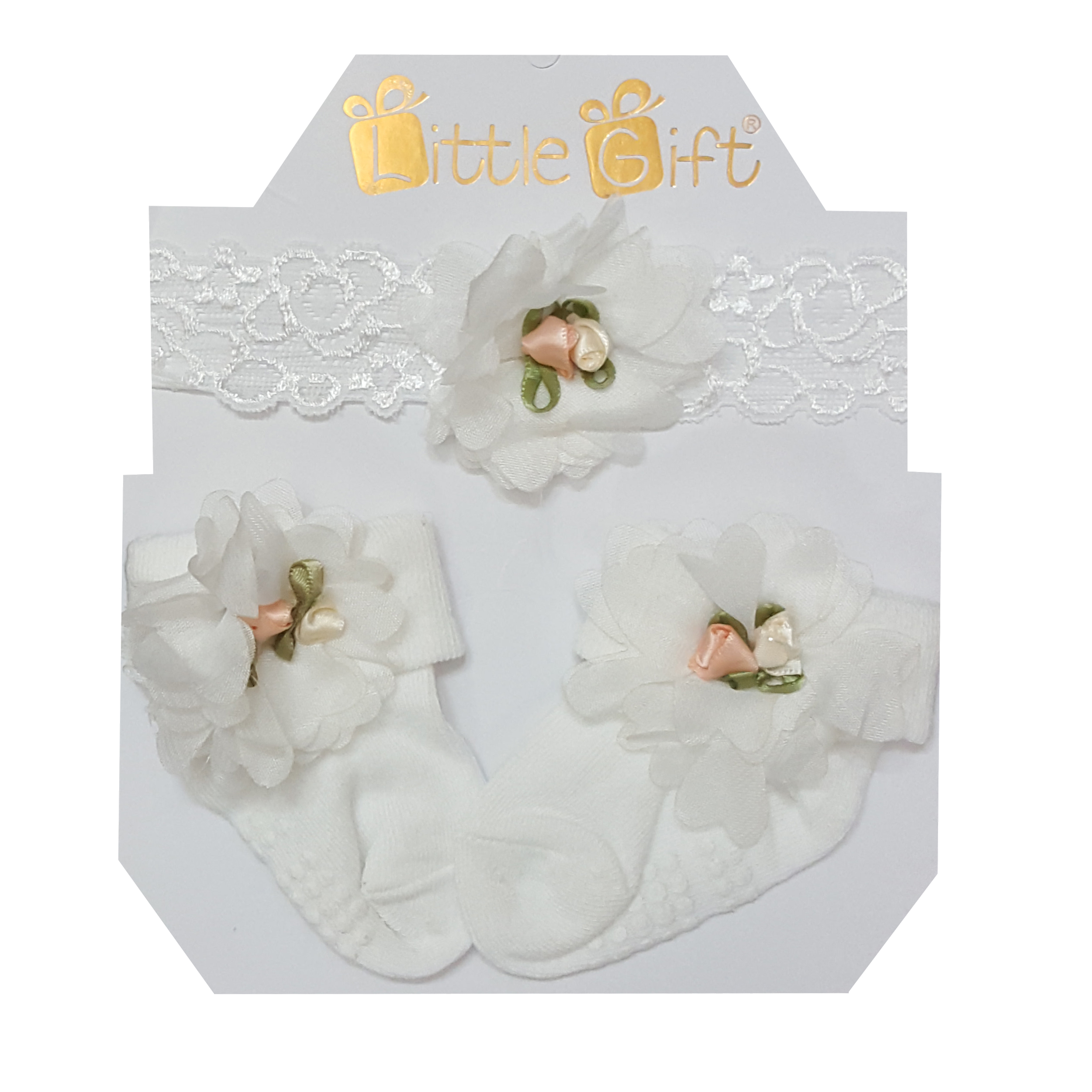 ست هدبند و جوراب نوزادی مدل گل رنگ سفید