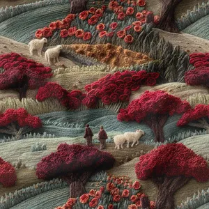 پارچه ملحفه عرض 1.5 متر پارچه باما طرح پنج بعدی باغ روستایی کد 5014012 رنگ قرمز