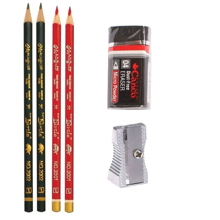 مداد مشکی لاک پشت مدل درخشان به همراه تراش و پاک کن مجموعه 6 عددی