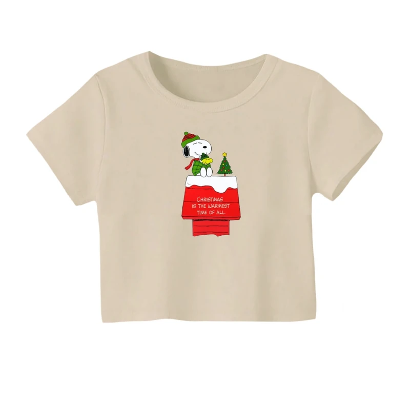 کراپ‌ تی‌شرت آستین کوتاه زنانه مدل اسنوپی کریسمس کد 10